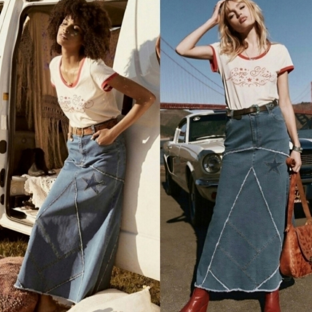 SPELL & THE GYPSY COLLECTIVE Ashbury Patchwork Denim Maxi Skirt – Indigo XS NWT
